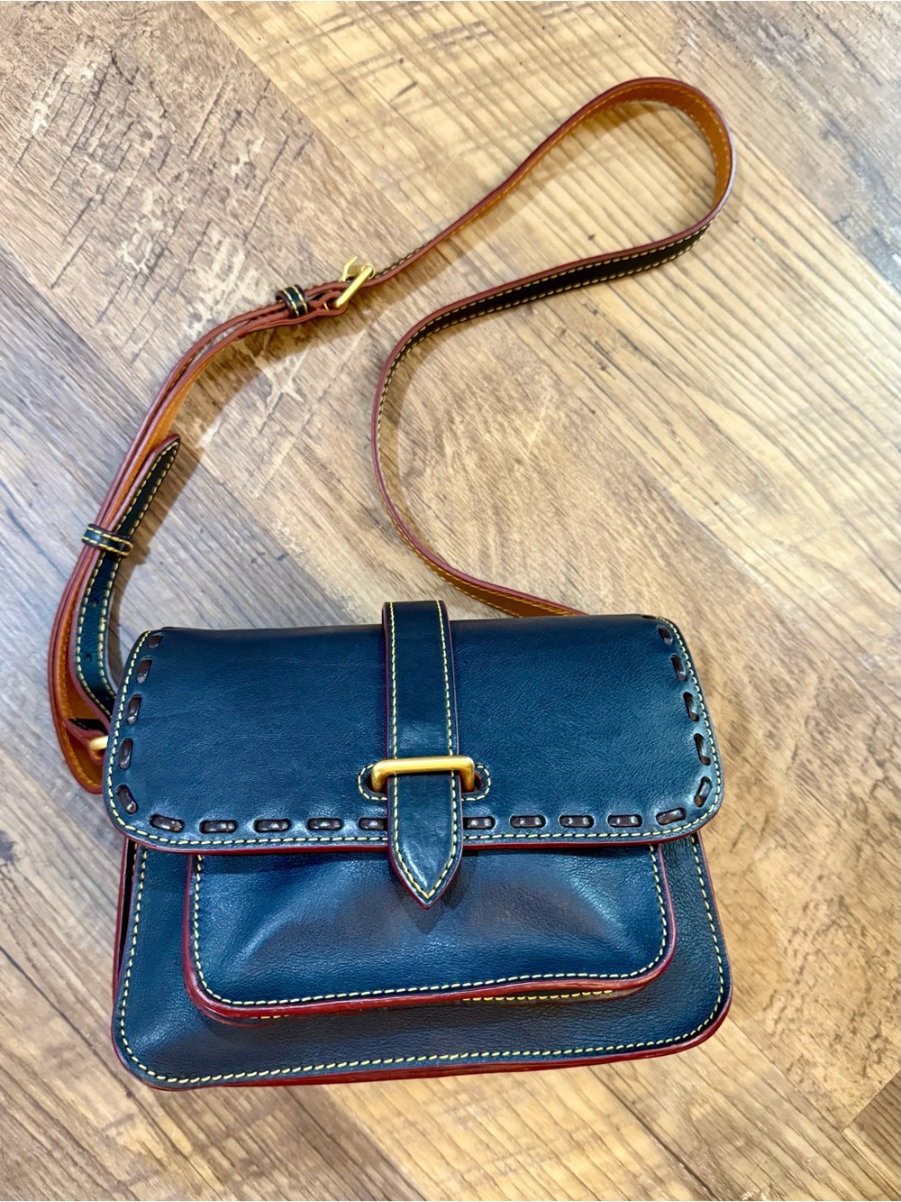 Dooney & Bourke Navy Leather Crossbody with Brown Strap and Red Trim